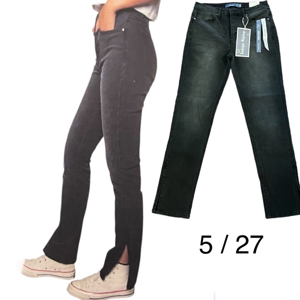5/27 Indigo Rising Buttons-Up High Rise Slim Straight Fit Jeans Black Wash